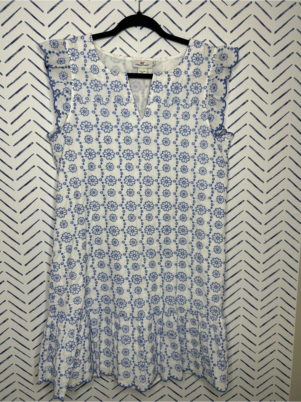 Lilly Pulitzer Eyelet Mini Dress Sleeveless lined blue white Small